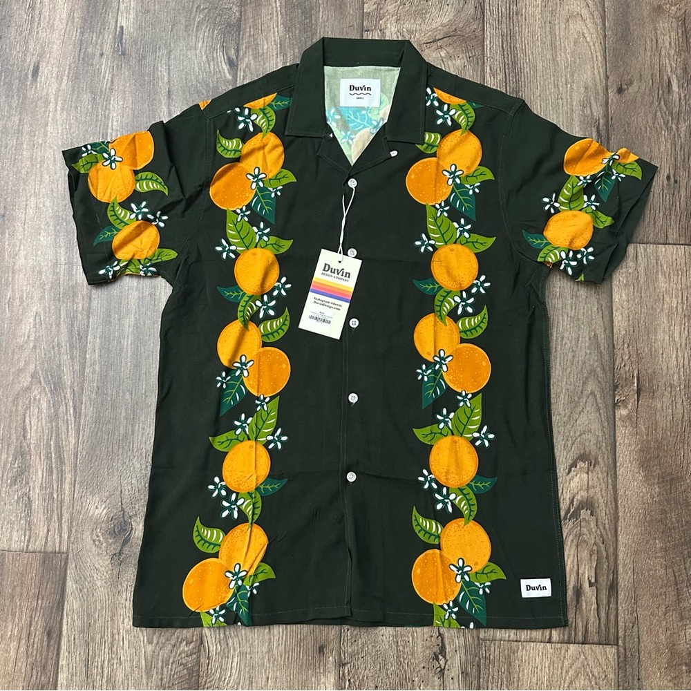 Duvin Design Tropical Orange Hawaiian Vacation Button Up Shirt Men's Size S